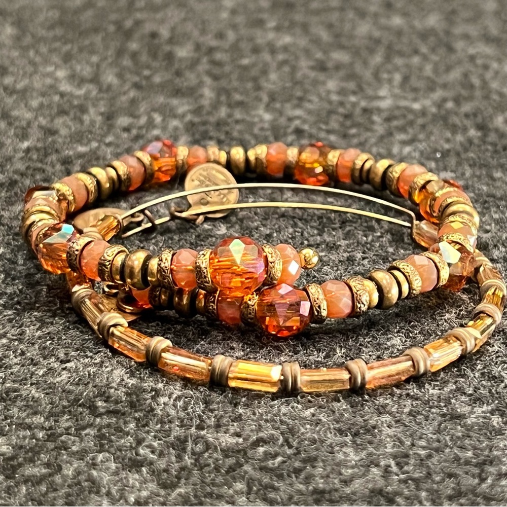 Pair of Alex and Ani Swarovski Crystal orange and gold Bangle Bracelets